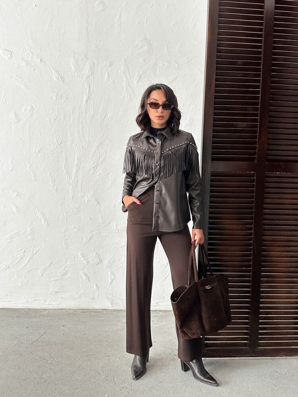 F 2043 DROPLU PÜSKÜLLÜ SUNİ DERİ GÖMLEK - KAHVE